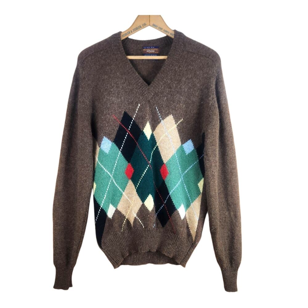 Vtg JC Penny's Mens Medium Wool Blend Argyle V Neck Sweater FLAW Brown Pullover